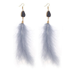 Fluffy Feather Drop Earrings With Stone Pendant