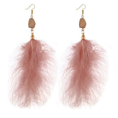 Fluffy Feather Drop Earrings With Stone Pendant