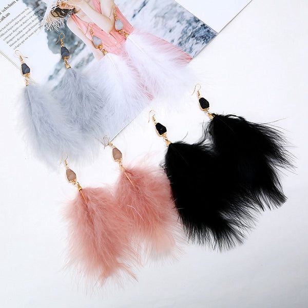 Fluffy Feather Drop Earrings With Stone Pendant