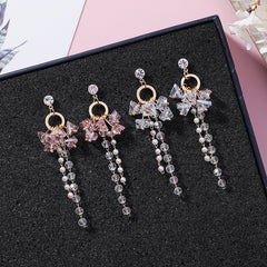 Pink Crystal Bead Tassel Drop Earrings