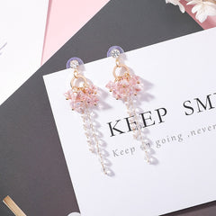 Pink Crystal Bead Tassel Drop Earrings