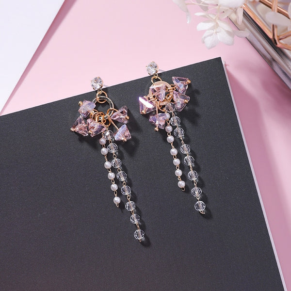 Pink Crystal Bead Tassel Drop Earrings