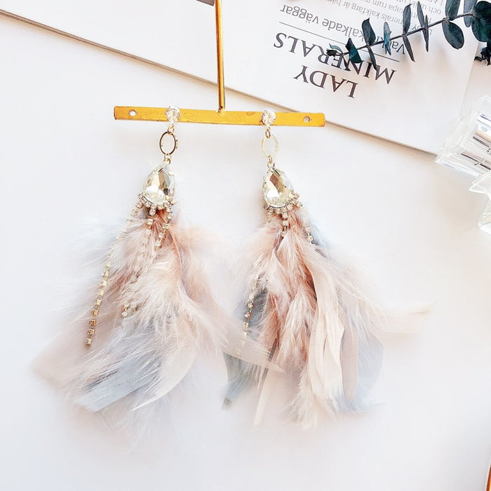 Delicate Blue and Pink Feather Crystal Charm Drop Earrings