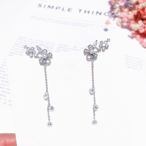 Cubic Zirconia Flower Tassel Drop Earrings