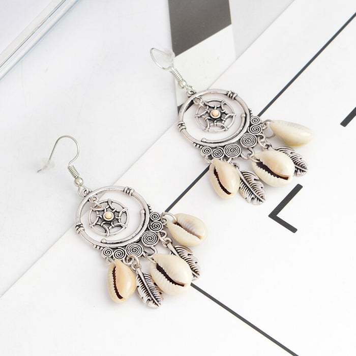 Silver Feather and Sea Shell Bohemian Drop Earrings