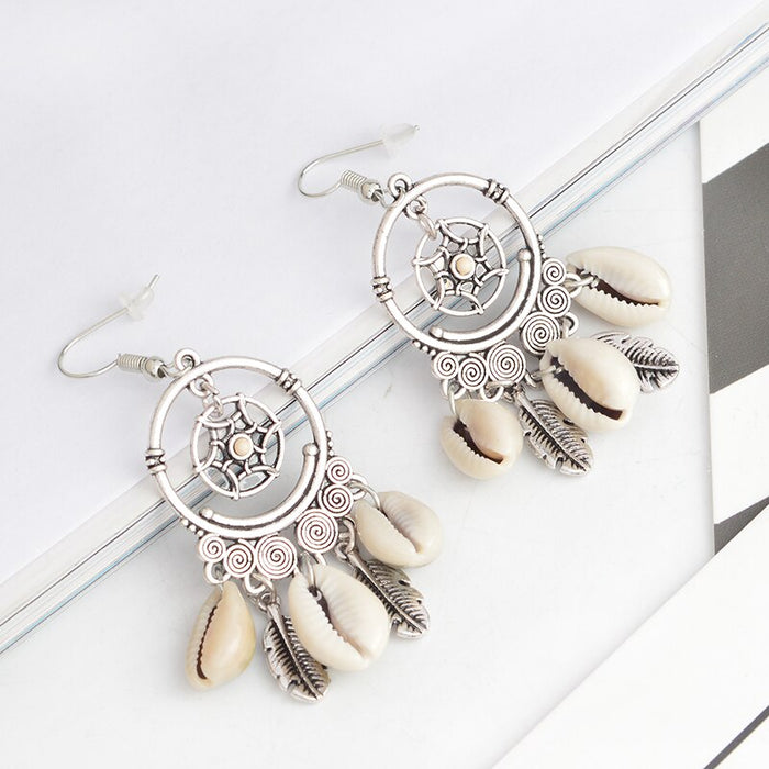 Silver Feather and Sea Shell Bohemian Drop Earrings