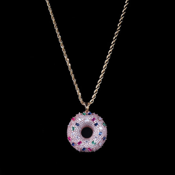 Cubic Zircon Encrusted Donut Pendant With Chain Neckclace