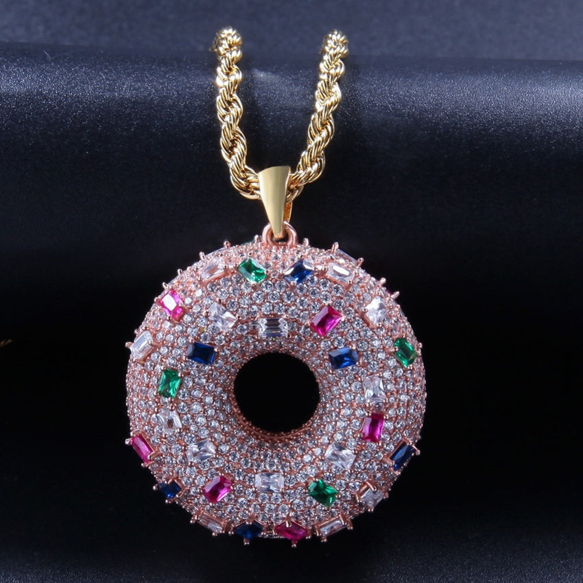 Cubic Zircon Encrusted Donut Pendant With Chain Neckclace