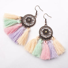 Sunflower Ethnic Dreamcatch Fringe Drop Earrings