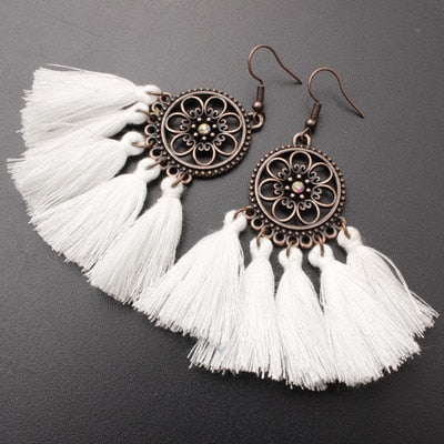 Sunflower Ethnic Dreamcatch Fringe Drop Earrings