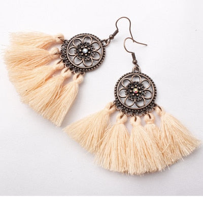 Sunflower Ethnic Dreamcatch Fringe Drop Earrings