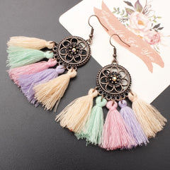 Sunflower Ethnic Dreamcatch Fringe Drop Earrings