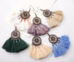 Sunflower Ethnic Dreamcatch Fringe Drop Earrings