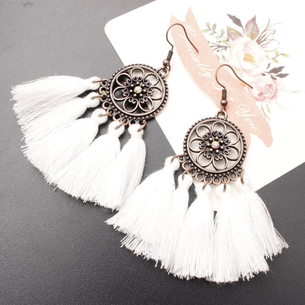 Sunflower Ethnic Dreamcatch Fringe Drop Earrings