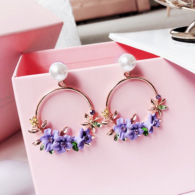 Flower and Pearl Hoop Post Earrings