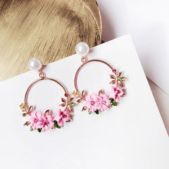 Flower and Pearl Hoop Post Earrings