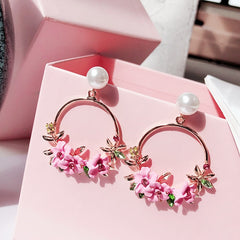 Flower and Pearl Hoop Post Earrings