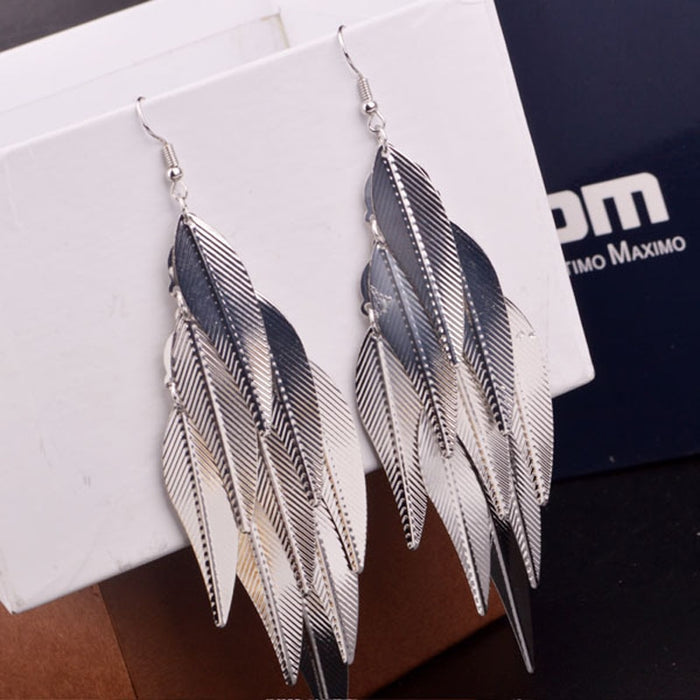 Gold And Silver Multi Layer Feather Drop Earrings