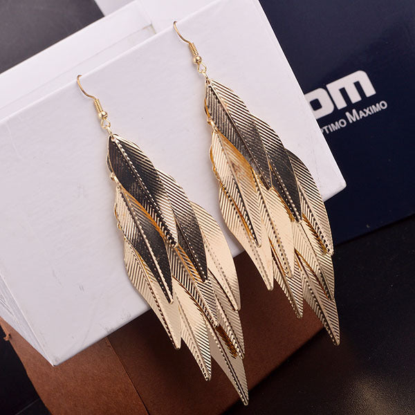 Gold And Silver Multi Layer Feather Drop Earrings