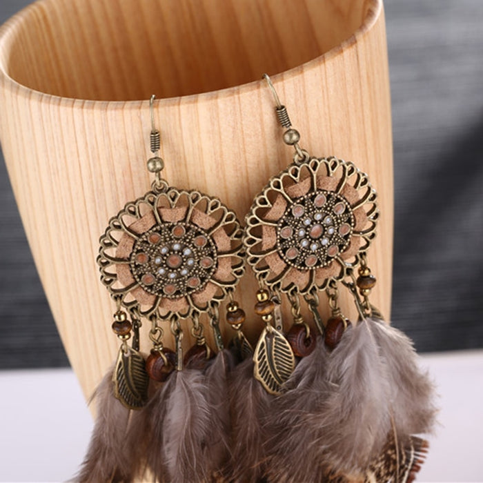 Brown Bohemian Raven Feather And Dream Catcher Earrings