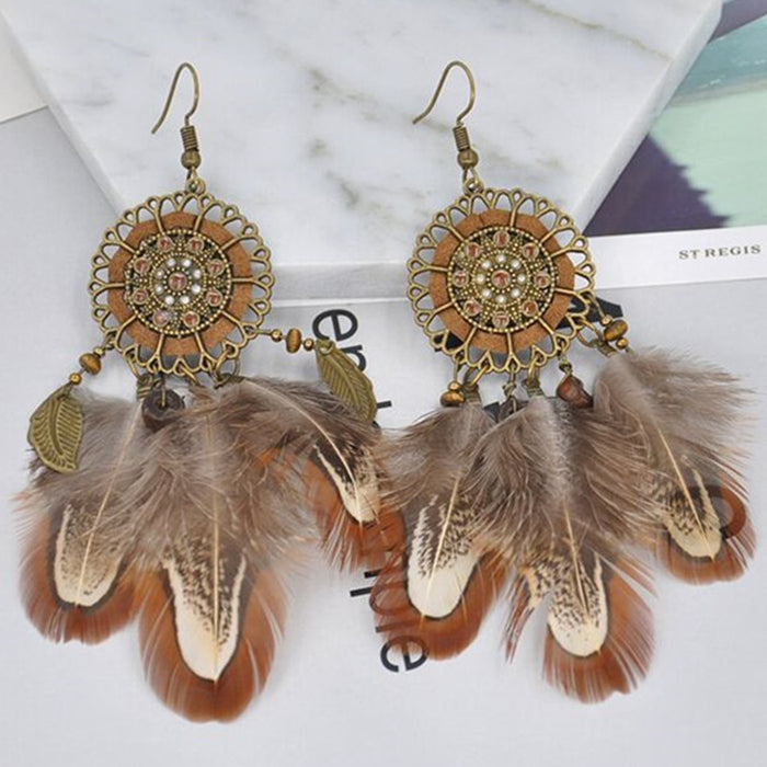 Brown Bohemian Raven Feather And Dream Catcher Earrings