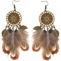 Brown Bohemian Raven Feather And Dream Catcher Earrings