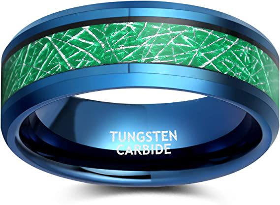 Men's 8mm Blue Sandblasted Green Carbon Fiber Tungsten Carbide Ring