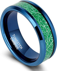 Men's 8mm Blue Sandblasted Green Carbon Fiber Tungsten Carbide Ring