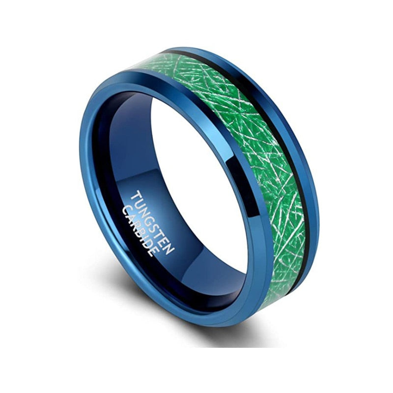 Men's 8mm Blue Sandblasted Green Carbon Fiber Tungsten Carbide Ring