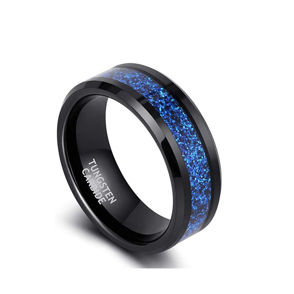 Men's 8mm Black Sandblasted Blue Carbon Fiber Tungsten Carbide Ring