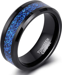 Men's 8mm Black Sandblasted Blue Carbon Fiber Tungsten Carbide Ring