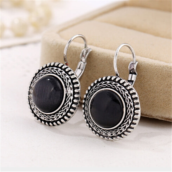 Round Vintage Silver Acrylic Opal Post Earrings