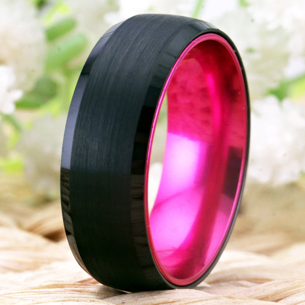 Women's 8mm Pink Inlay Brushed Black Tungsten Carbide Ring