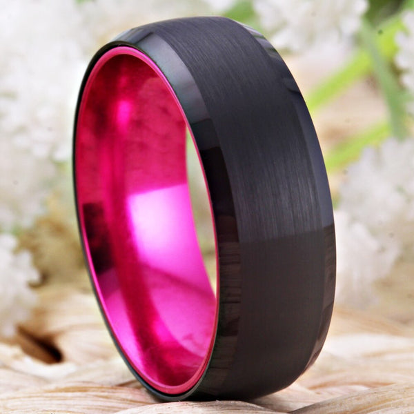 Women's 8mm Pink Inlay Brushed Black Tungsten Carbide Ring