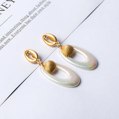 Summer Gold Tear Drop Acrylic Iridescent Colored Sea Shell Post Earrings