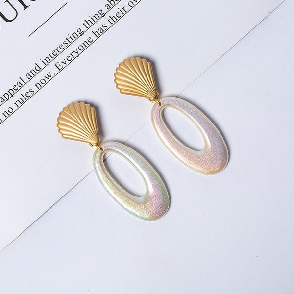 Summer Tear Drop Acrylic Iridescent Colored Sea Shell Post Earrings