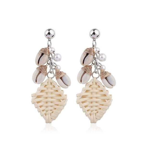 Summer Knit Wicker Sea Shell Tear Drop And Pearl Post Earrings