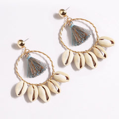 Summer Knit Wicker Sea Shell Tear Hoop Earrings