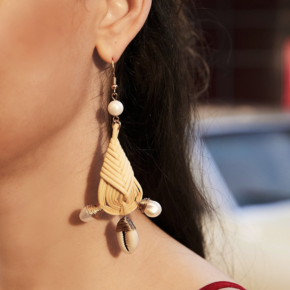 Summer Knit Wicker Sea Sell And Pearl Fish Hook Drop Earrings