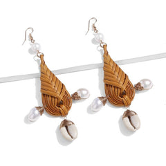Summer Knit Wicker Sea Sell And Pearl Fish Hook Drop Earrings