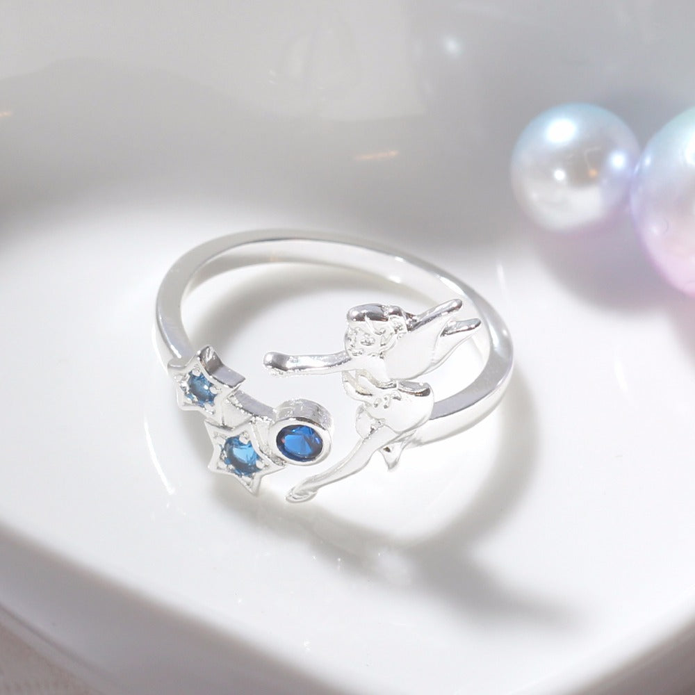 Women's Adjustable Blue Crystal Silver Plated Fairy Ring