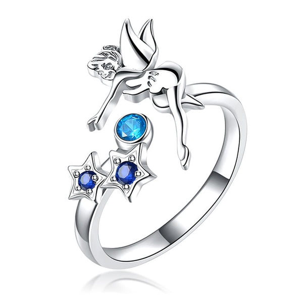 Women's Adjustable Blue Crystal Silver Plated Fairy Ring