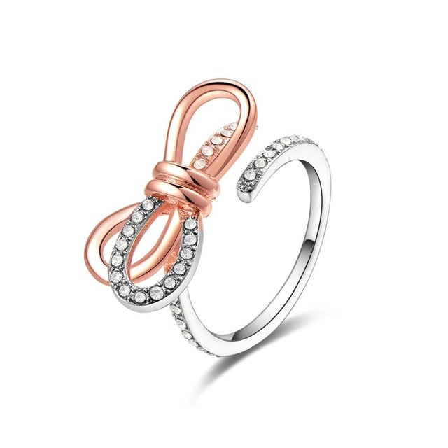 Women's Adjustable Crystal Bow CZ Copper and Silver Plated Ring