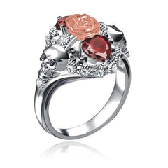 Women's Fashion Punk Skulls and Roses CZ Silver Plated Ring