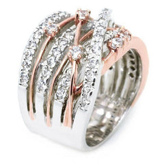 Women's Multilayer Crossover Band CZ Silver and Rose Gold Plated Ring