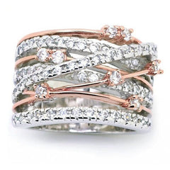 Women's Multilayer Crossover Band CZ Silver and Rose Gold Plated Ring