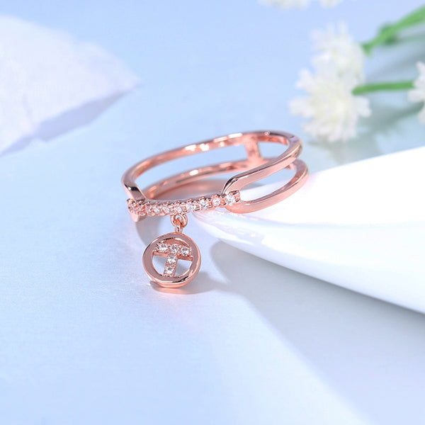 Women's Crossover to Single Band Rose Gold Plated T Pendant Ring