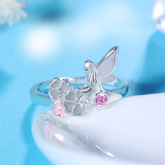 Women's Silver Plated Fairy and Flowers CZ Crystal Ring