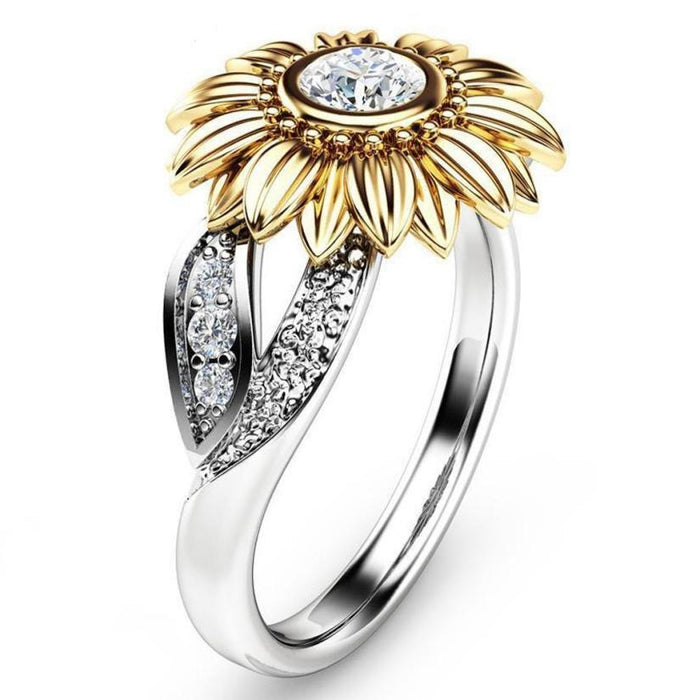 Women's Silver and Gold Plated Sunflower CZ Crystal Ring
