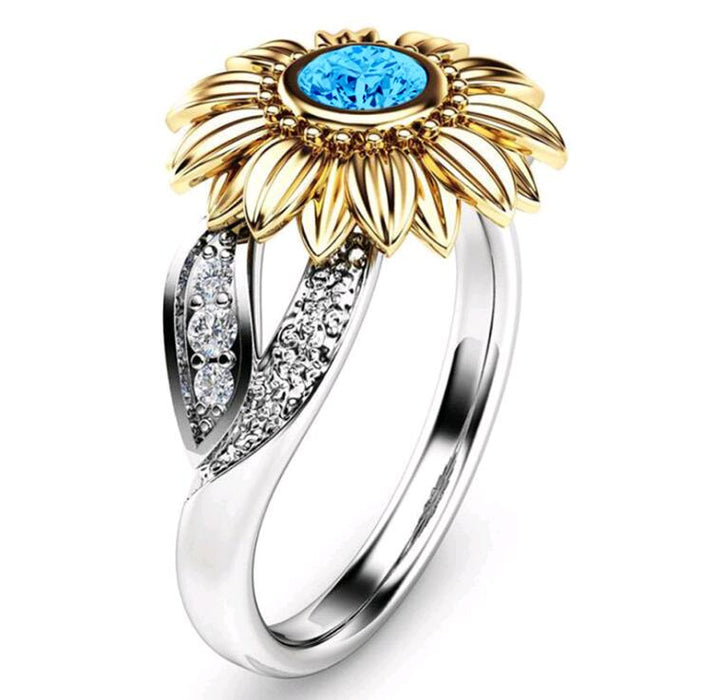 Women's Silver and Gold Plated Sunflower CZ Crystal Ring